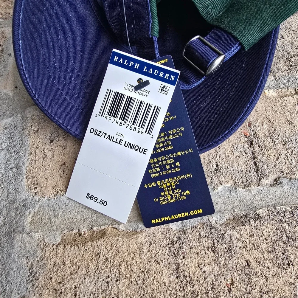 Polo Ralph Lauren Mens Green Navy Blue Chenille P Patch Baseball Cap Hat NEW